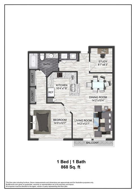Floor plan for 1 bed, 1 bath, 868 sqft